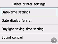 Other printer settings screen: Select Date/time settings