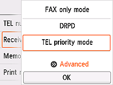 Receive mode settings screen: Select Advanced