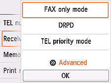 Receive mode settings screen: Select Advanced
