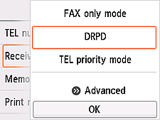 Receive mode settings screen: Select DRPD