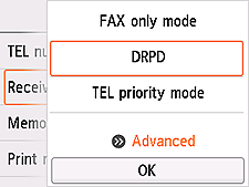 Receive mode settings screen: Select Advanced