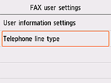 FAX user settings screen: Select Telephone line type