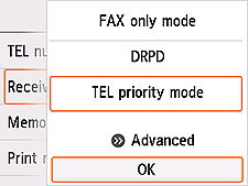 Receive mode settings screen: Select OK