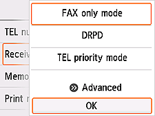 Receive mode settings screen: Select OK