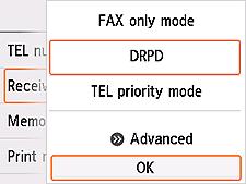 Receive mode settings screen: Select OK