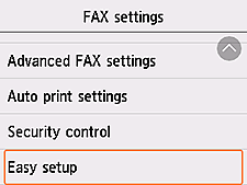 Pantalla Configuración fax: seleccione Configuración fácil