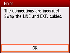 Pantalla de error: Las conexiones son incorrectas. Cambie los cables LINE y EXT.
