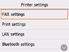 Printer settings screen: Select FAX settings