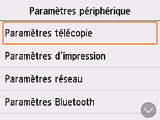 Écran Paramètres d'impression : Sélection de Paramètres télécopie