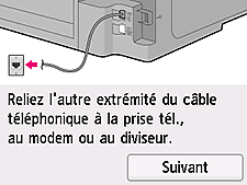 Écran Configuration facile : Reliez l'autre extrémité du câble téléphonique à la prise tél., au modem ou au diviseur..