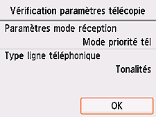 Écran Configuration facile : Vérification paramètres de la télécopie