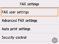 FAX settings screen: Select FAX user settings