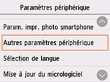 Écran Paramètres d'impression : Sélection de Autres paramètres périphérique