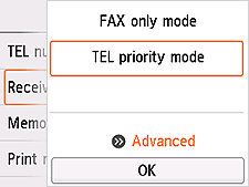 Receive mode settings screen: Select Advanced