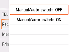 Manual/auto switch setting screen: Select OFF