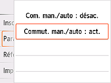 Écran des paramètres Com. man./auto : Sélection de Activé