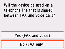 Easy setup screen: Select No (FAX only)