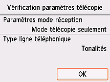 Écran Configuration facile : Vérification paramètres de la télécopie