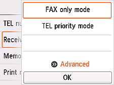 Receive mode settings screen: Select Advanced