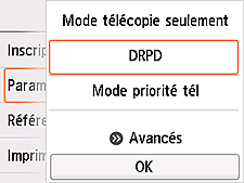 Écran Paramètres mode réception : Sélectionnez DRPD