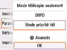 Écran Paramètres mode réception : Sélectionnez OK