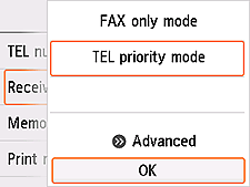 Receive mode settings screen: Select OK