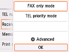 Receive mode settings screen: Select OK