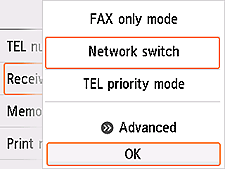 Receive mode settings screen: Select OK