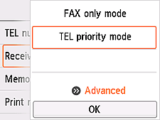 Saņemšanas režīma iestat. ekrāns: Atlasīt opciju Papildu