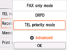 Scherm Instellingen ontvangstmodus: selecteer Geavanceerd