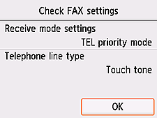 Tela Configuração fácil: Verificar configurações do FAX