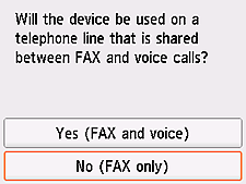 Tela Configuração fácil: Selecionar Não (somente fax)