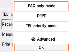 Ecran Setări mod recepţie: Selectaţi OK
