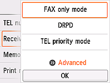 Skärmen Ta emot-lägesinställning: Välj Avancerat