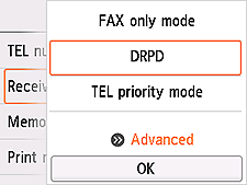 Skärmen Ta emot-lägesinställning: Välj Avancerat