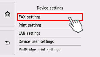 Obrazovka Nastavení zařízení: Vyberte možnost Nastavení sítě FAX