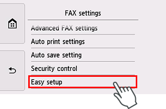 Obrazovka Nastavení faxu: Vyberte možnost Snadné nastavení