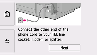 Obrazovka Snadné nastavení: Připojte druhý konec telefonního kabelu ke konektoru telefonní linky, modemu nebo rozbočovači.