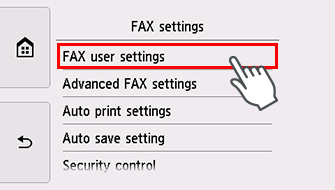 Obrazovka Nastavení faxu: Vyberte možnost Uživatelská nastavení faxu