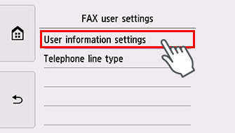 Obrazovka Uživatelská nastavení faxu: Vyberte možnost Nastavení informací o uživateli
