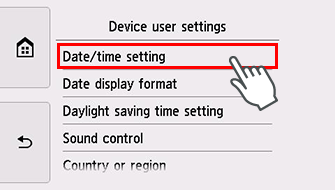 Obrazovka Nastavení zařízení uživatele: Vyberte možnost Nastavení data/času
