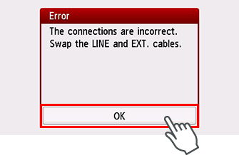 Obrazovka s chybou: Připojení je v nepořádku. Prohoďte kabely LINE a EXT.