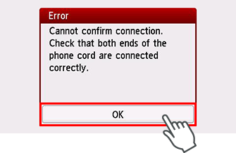 Obrazovka s chybou: Připojení nelze ověřit. Zkontrolujte, zda jsou oba konce telefonního kabelu řádně připojeny.