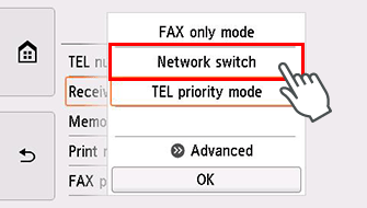 Bildschirm Empfangsmod.-Einstellungen: Auswahl von Network Switch