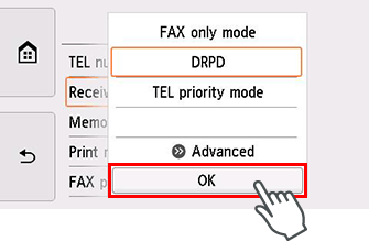 Receive mode settings screen: Select OK