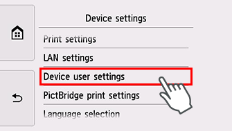 Device settings screen: Select Device user settings