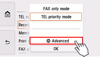 Receive mode settings screen: Select Advanced