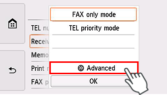 Receive mode settings screen: Select Advanced