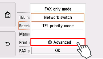 Receive mode settings screen: Select Advanced