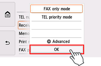 Receive mode settings screen: Select OK